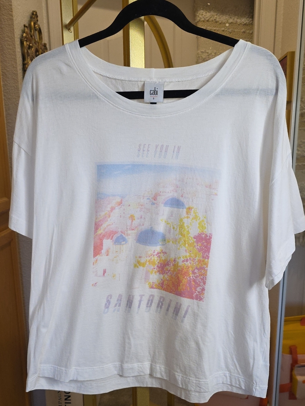CAbi White Santorini Graphic Tee with Pastel Accents Small Oversized